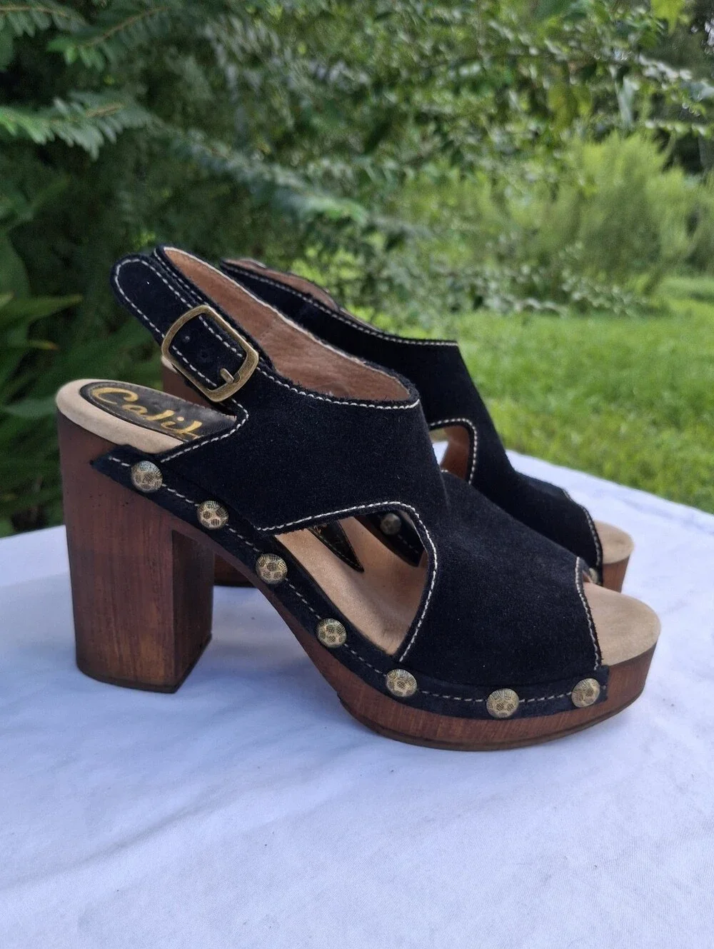 Californians Black Suede Studded Wood Sole Slingback Platform Sandals Clogs Sz 7